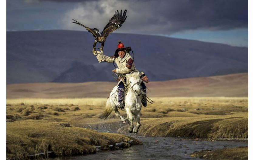Eric Esterle  / Pictures of the Year National Geographic
Asiilbek, koczowniczy kazachski łowca orłów, przygotowuje swojego złotego orła, Burgeda, do polowania na łąkach Bayan-Ölgii, najbardziej wysuniętą na zachód prowincją Mongolii. Szkolenie orłów rozpoczyna się, gdy młode ptaki są zabierane z gniazd na klifach i uczone polowania na zające, lisy, a nawet jelenie. Tradycja ta sięga 3000 lat.  Robiąc to zdjęcie leżałem na brzuchu - mówi fotograf Eric Esterle. Ziemia zatrzęsła się, gdy koń Asiilbeka przeszedł mniej niż kilka stóp ode mnie, ochlapując mnie lodowatą wodą”.
