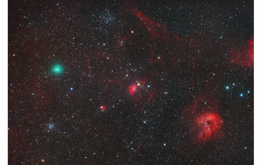 fot. Norbert Mrozek, Green Comer C2018-Y1 Iwamoto in Auriga_s Red Nebulae, wyróżnienie w kat. Starts & Nebulae / Insight Investment Astronomy Photographer of the Year 2020